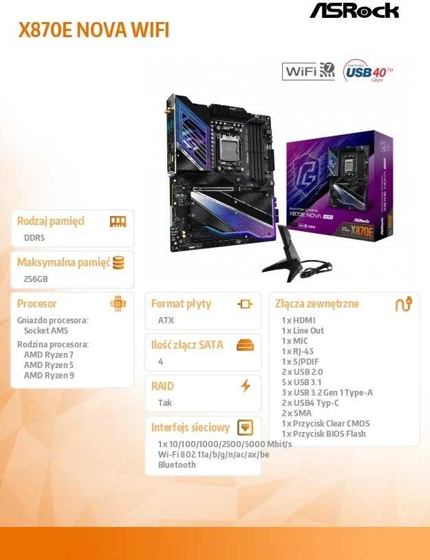 Pagrindinė plokštė ASROCK X870E NOVA WIFI AM5 DDR5 ATX MB