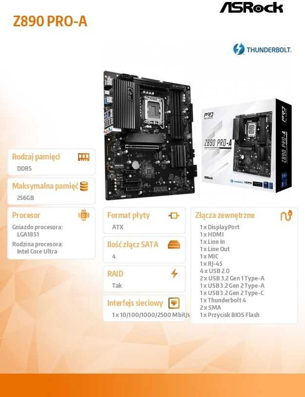 ASRock Z890 Pro-A Intel Z890 LGA 1851 (Socket V1) ATX pagrindinė plokštė