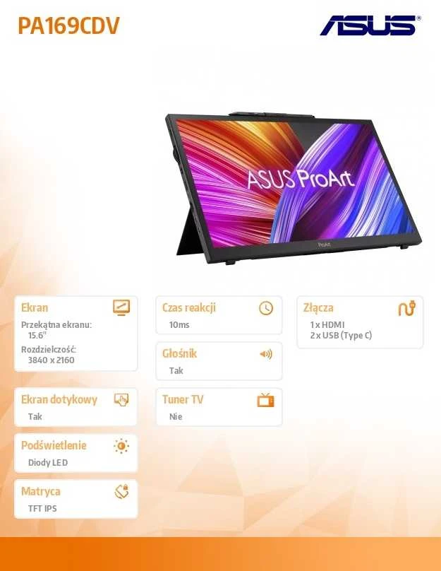 Monitorius ASUS ProArt PA169CDV, 15.6", IPS, 3840 x 2160, 60 Hz