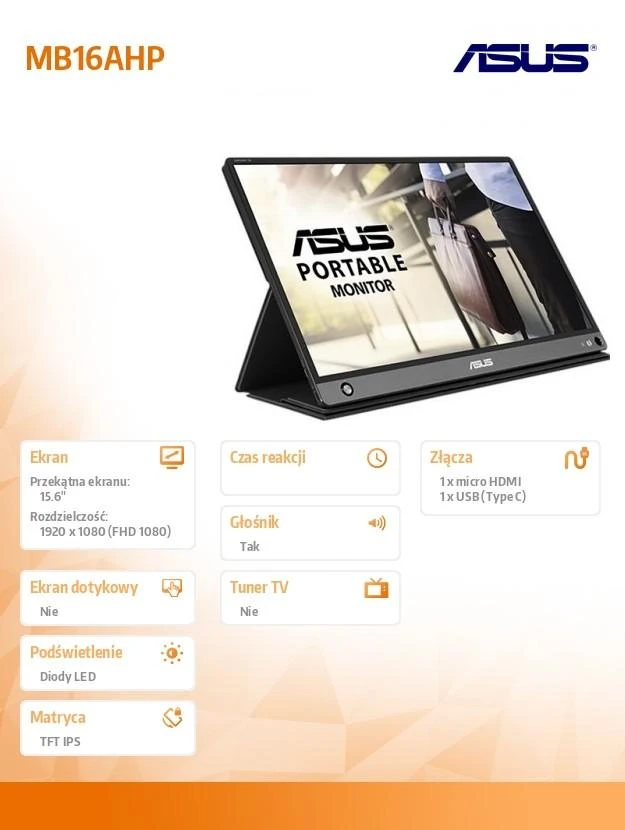 Monitorius ASUS ZenScreen Go MB16AHP, 15,6", 1920x1080
