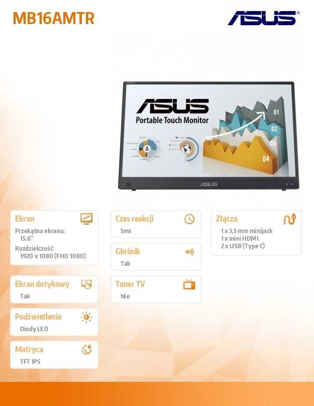 Monitorius ASUS ZenScreen Touch MB16AMTR, 15,6", 1920x1080, 60Hz, IPS, 5ms