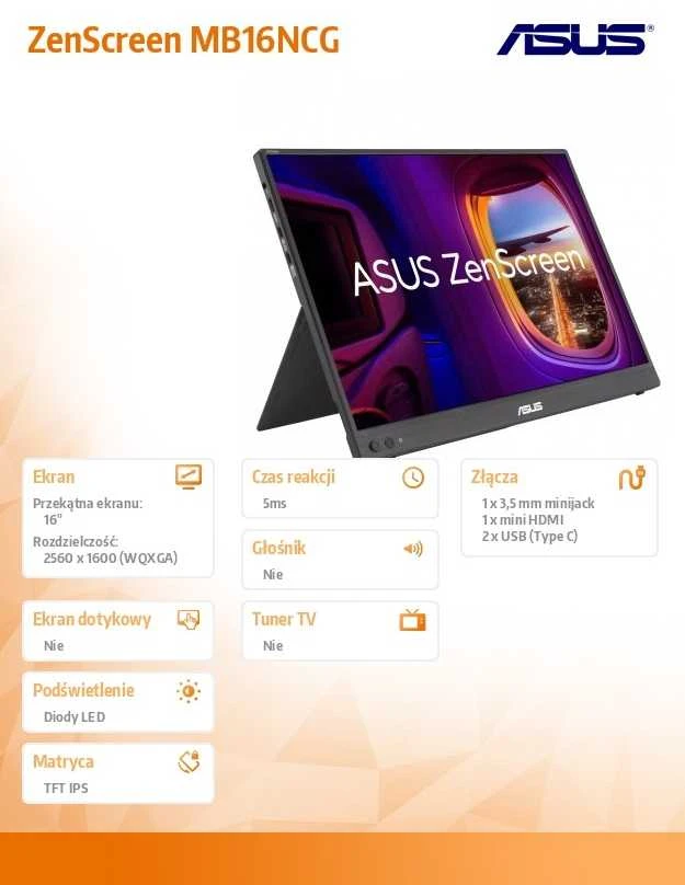 Monitorius ASUS ZenScreen MB16NCG - 155Hz | 2560 x 1600 | IPS | 16"