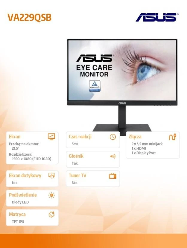 ASUS VA229QSB 21.5inch IPS FHD 75Hz HDMI DP D-SUB Speakers