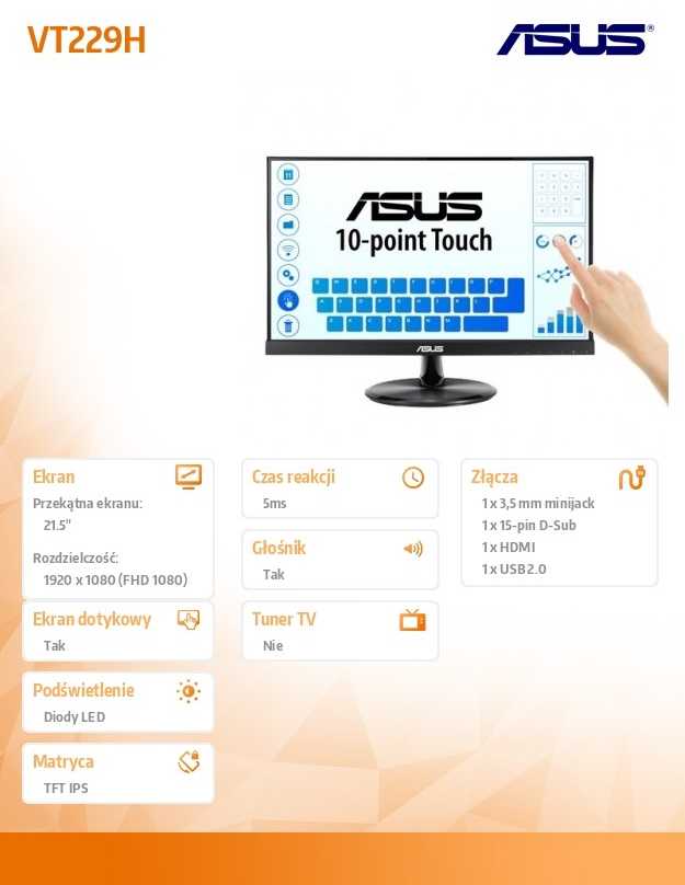 Asus Monitorius 21,5 colio VT229H FHD IPS Touch 10P HDMI D-Sub USB garsiakalbis