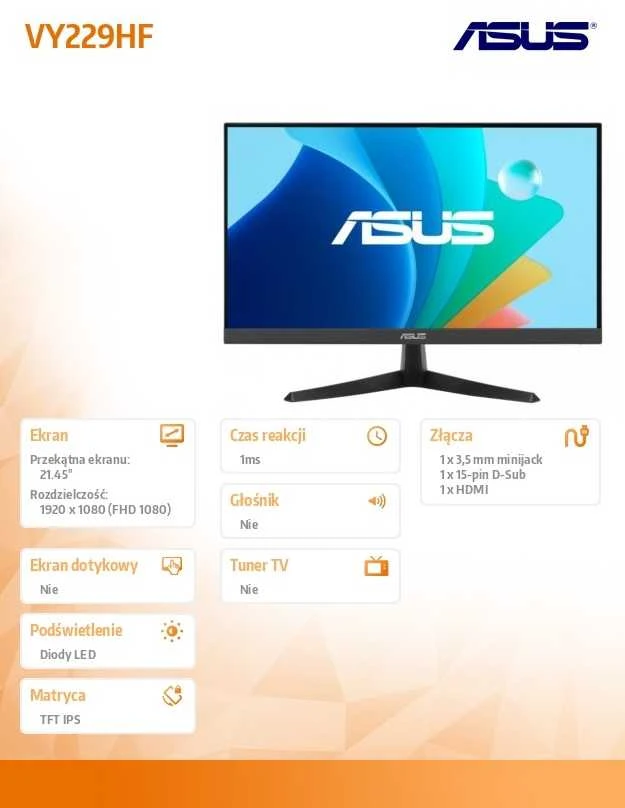 ASUS VY229HF Eye Care Monitorius 22 colių IPS WLED FHD 16:9 100Hz 250cd/m2 1ms H1DMI D-Sub Juodas