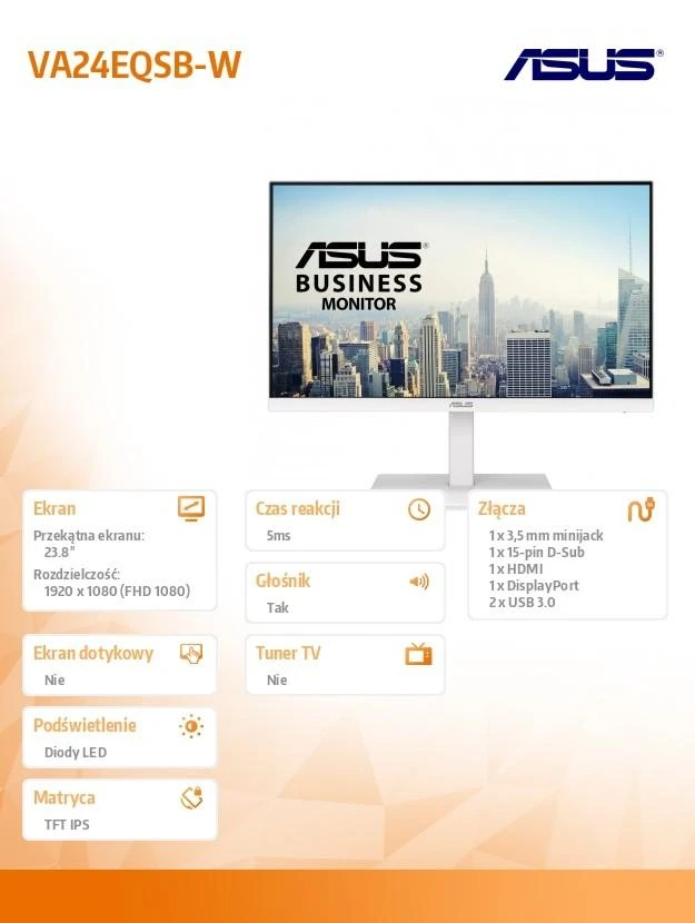 ASUS Eye Care VA24EQSB-W 24 colių FHD monitorius be rėmelio Ergo be mirgėjimo Mėlyna Light A-Sync 75Hz 16:9 IPS 1920x1080 DP HDMI D-Sub USB