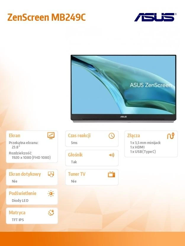 Monitorius ASUS ZenScreen MB249C - 23.8 | Full HD | IPS | USB-C