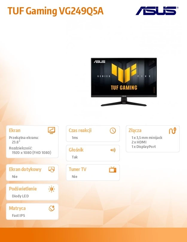 Žaidimų monitorius Asus TUF Gaming VG249Q5A, 24" Full HD IPS, 180Hz, 1ms