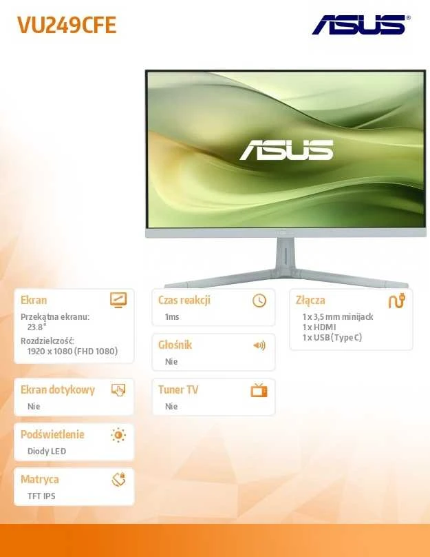 ASUS VU249CFE-G Eye Care Monitorius 23,8 colio IPS FHD WLED 16:9 100Hz 250cd/m2 1ms HDMI USB-C