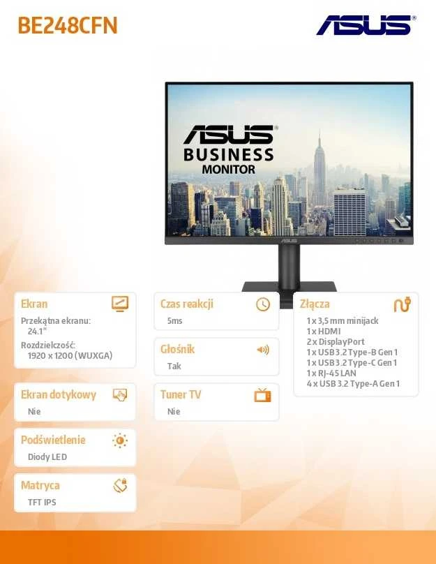 ASUS BE248CFN prijungimo monitorius 24.1 colio IPS WLED WUXGA 16:10 100Hz 350cd/m2 5ms HDMI 2xDP USB-C USB šakotuvas 4xUSB 3.2 G1 Type-A 2x2w Speed