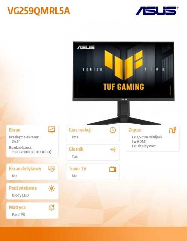 Monitorius Asus | TUF Gaming VG259QMRL5A | 24.5 " | Fast IPS | 16:9 | 310 Hz | 1 ms | 1920 x 1080 pikselių | 400 cd/m² | HDMI jungtys quantity 2