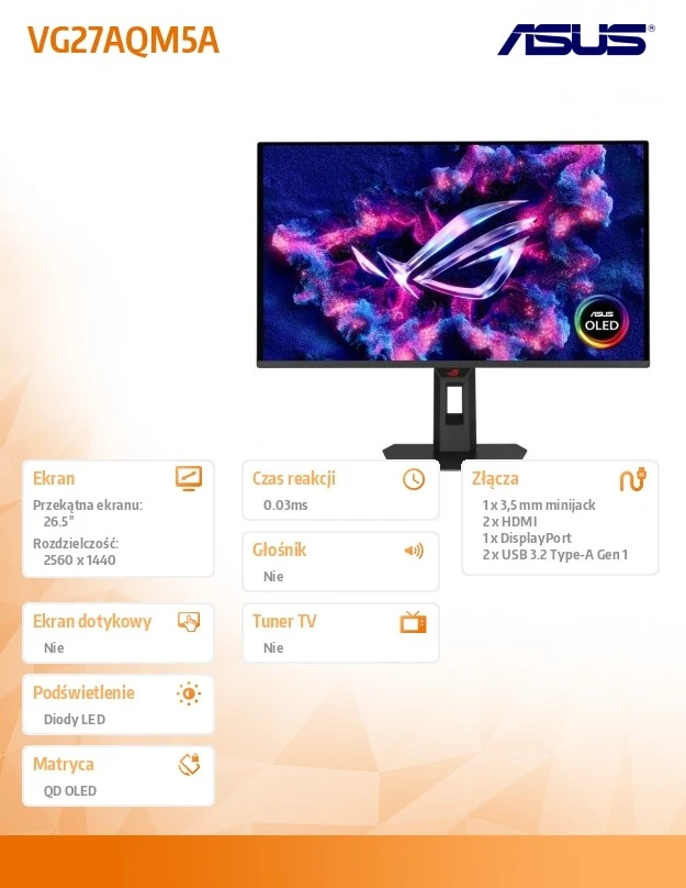 Žaidimų monitorius ASUS TUF Gaming VG27AQM5A - 300Hz | QHD | 27'' | Fast IPS | 0.3ms