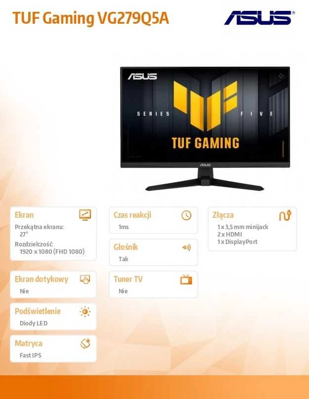 ASUS TUF Gaming VG279Q5A 27 colių 1920x1080 FHD monitorius, 200Hz, 300cd/m², 0.3ms, GtG, G-Sync, FreeSync, Adaptive Sync, ELMB