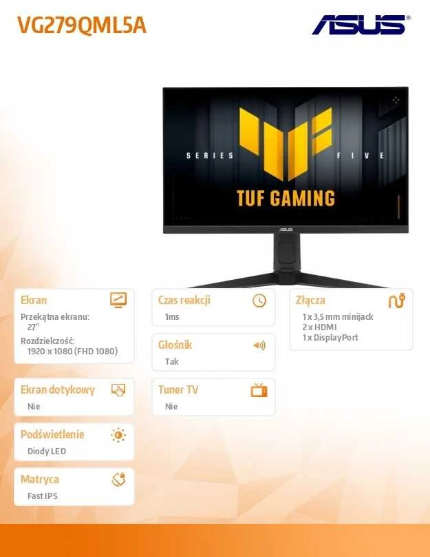 Žaidimų monitorius Asus TUF Gaming VG279QML5A, 27" Full HD Fast IPS, 240Hz, 1ms