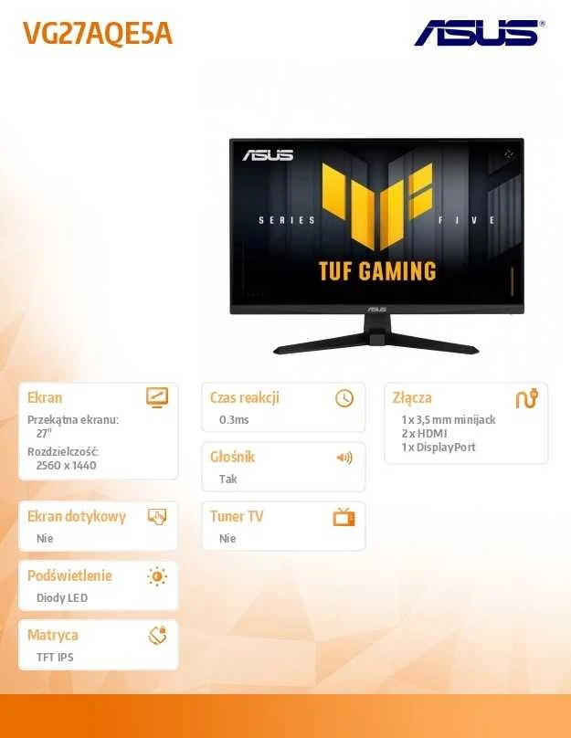 Monitorius ASUS TUF VG27AQE5A - 165Hz | QHD | IPS | 27" | 0,3ms | HDR10