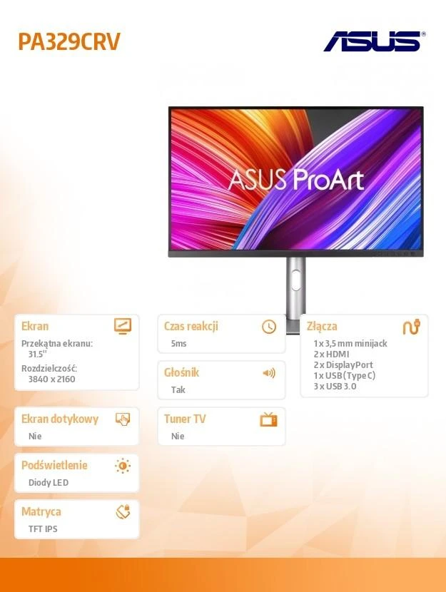 Monitorius ASUS ProArt Display PA329CRV, 32", IPS, 3840 x 2160, 5 ms, 60 Hz