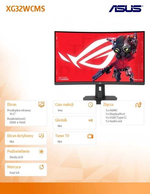 Monitorius ASUS ROG Strix XG32WCMS, 31.5", 2560 x 1440, 280 Hz, VA, 1ms
