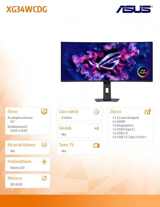 Monitorius ASUS XG34WCDG - 175Hz | UWQHD | QD-OLED | 34"
