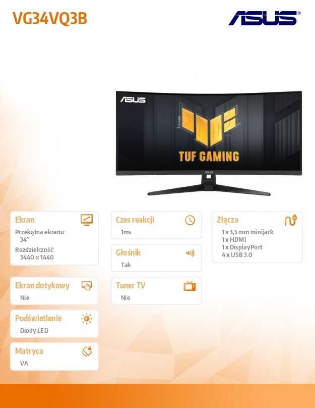 Žaidimų monitorius ASUS TUF Gaming TUF Gaming VG34VQ3B, 34", 3440x1440, 180Hz, VA, 1ms