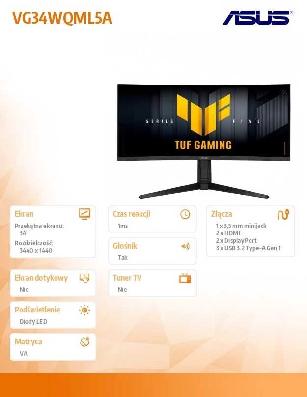 Žaidimų monitorius Asus TUF Gaming VG34WQML5A, 34" UWQHD lenktas VA, 250Hz
