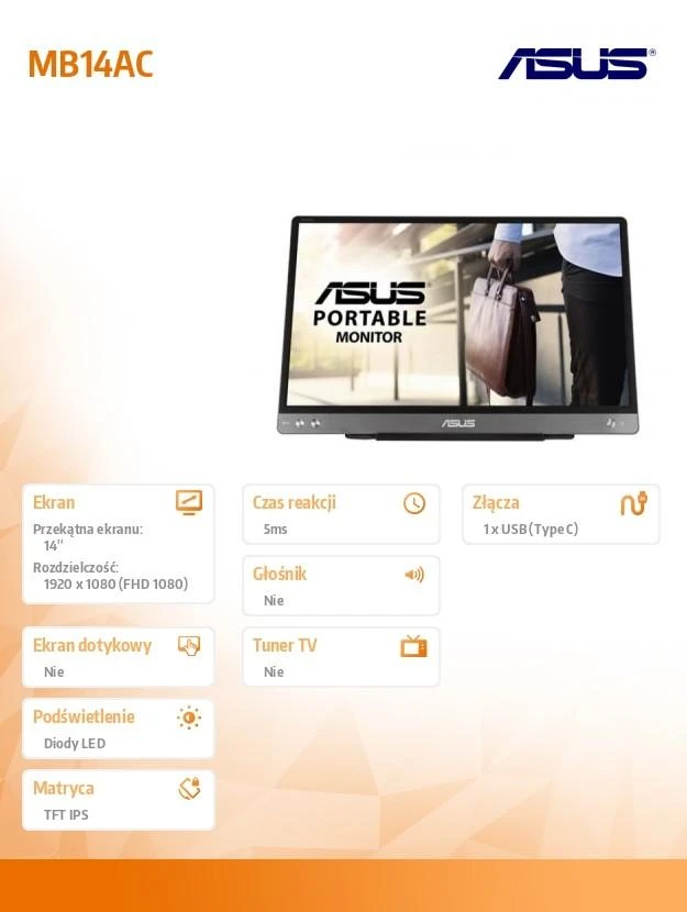 Monitorius ASUS ZenScreen MB14AC, 14", 1920 x 1080, 60 Hz, 5 ms