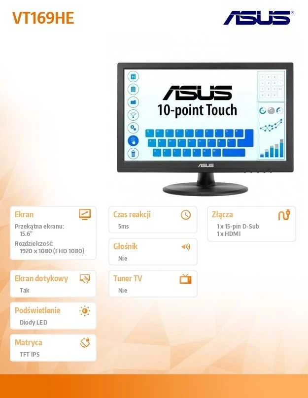 ASUS VT169HE lietimui jautrus monitorius 15.6" IPS WLED FHD 16:9 60Hz 220cd/m2 5ms D-Sub HDMI