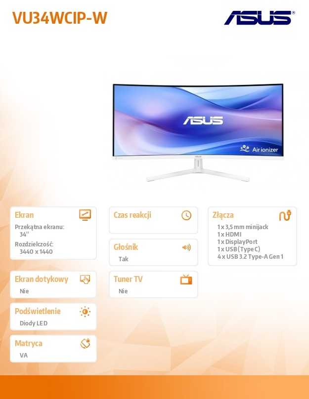 Asus Automobilinis monitorius VU34Wcip-W su Eye monitoriumi, WQHD, 100Hz, USB-C
