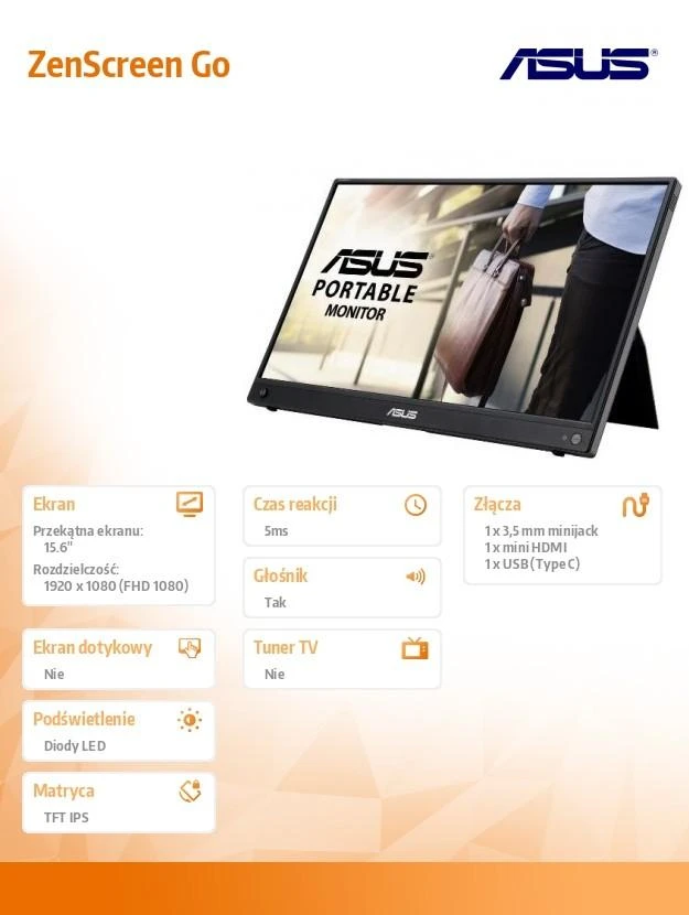 Monitorius ASUS ZenScreen Go MB16AWP, 15,6", 1920x1080, 60Hz, IPS, 5ms