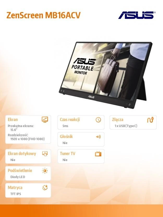 Monitorius ASUS ZenScreen MB16ACV, 15,6", 1920x1080, 60Hz, IPS, 5ms