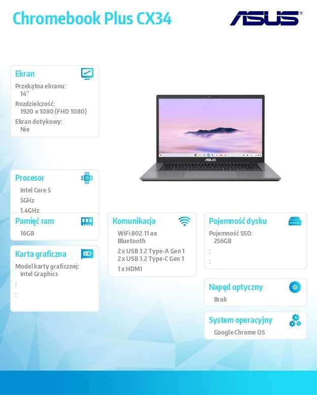 Asus Nešiojamas kompiuteris „Chromebook Plus CX3402CVA-PQ1067“ – „Core 5 120U“ / 16 GB / 256 GB / 14 colių įstrižainė (1920 x 1080) / „Chrome OS“ / 3 metai