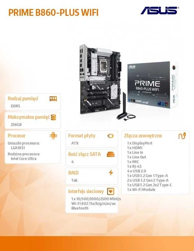 Pagrindinė plokštė ASUS PRIME B860-PLUS WIFI Intel B860 LGA 1851 (V1 lizdas) ATX