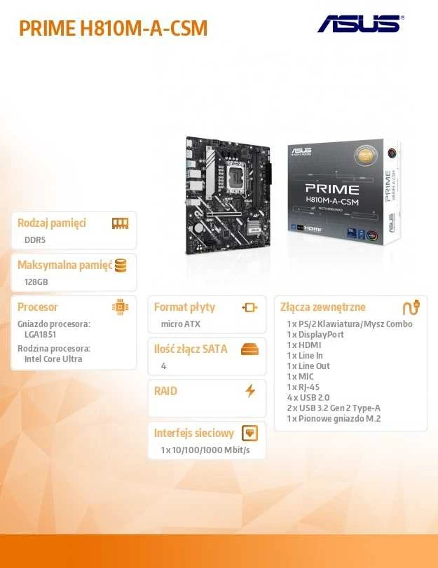 ASUS PRIME H810M-A-CSM Intel H810 LGA 1851 (Socket V1) micro ATX pagrindinė plokštė