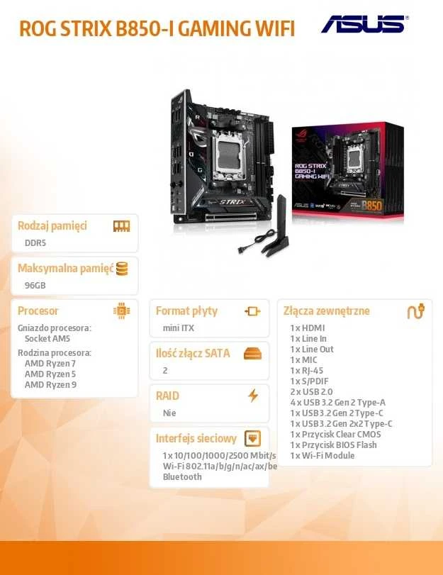 Pagrindinė plokštė ASUS ROG STRIX B850-I GAMING WIFI AMD B850 Socket AM5 mini ITX
