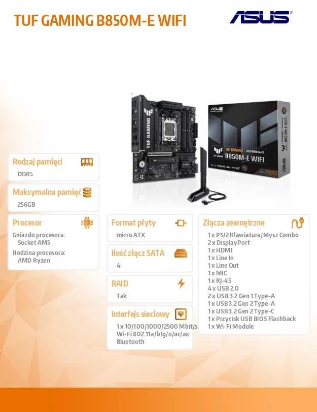 ASUS TUF GAMING B850M-E WIFI AMD AM5 mATX pagrindinė plokštė 4xDDR5 PCIe 5.0 3xM.2 1xHDMI 1xDisplayPort 4xSATA