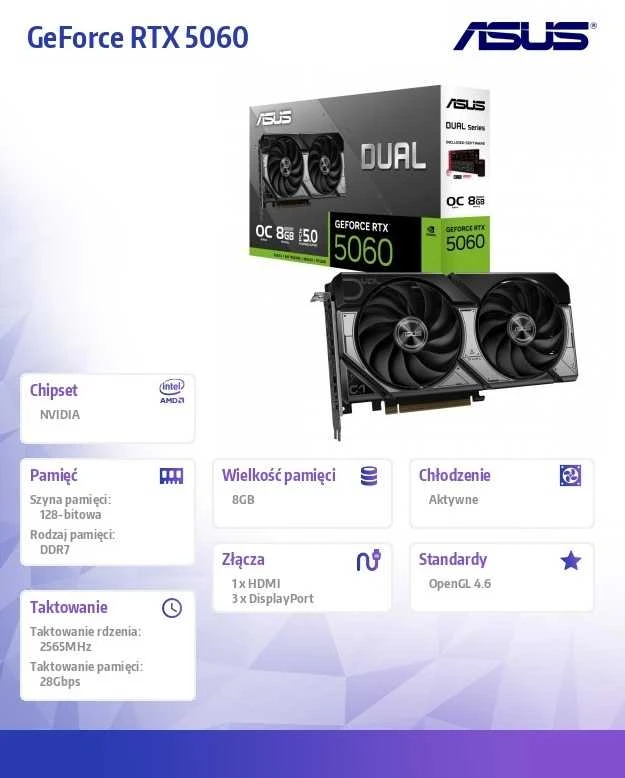 Asus Vaizdo plokštė geforce rtx 5060 dual oc 8gb gddr7 128bit hdmi/3dp