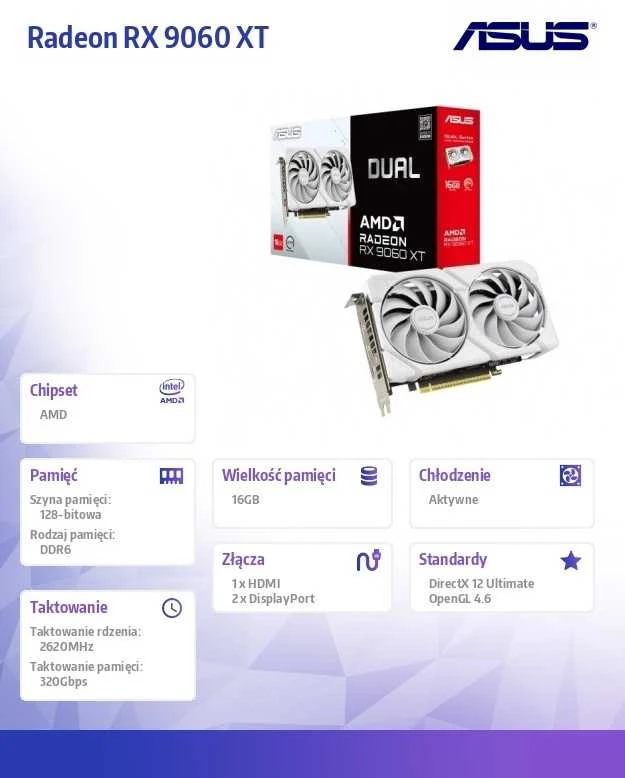 Vaizdo plokštė ASUS Dual Radeon RX 9060 XT Baltas Edition, 16384 MB GDDR6