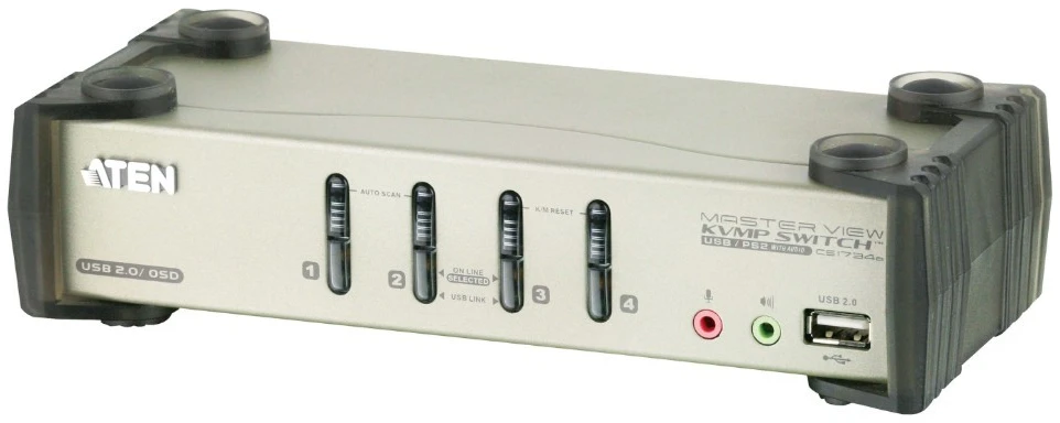 ATEN CS1734B-A7-G ATEN CS1734B 4 prievadų USB 2.0 KVMP jungiklis OSD, 4x USB kabeliai, 2 prievadų šakotuvas, garsas
