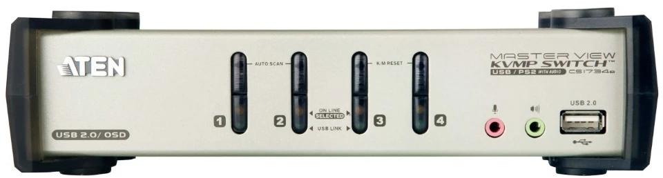 ATEN CS1734B-A7-G ATEN CS1734B 4 prievadų USB 2.0 KVMP jungiklis OSD, 4x USB kabeliai, 2 prievadų šakotuvas, garsas