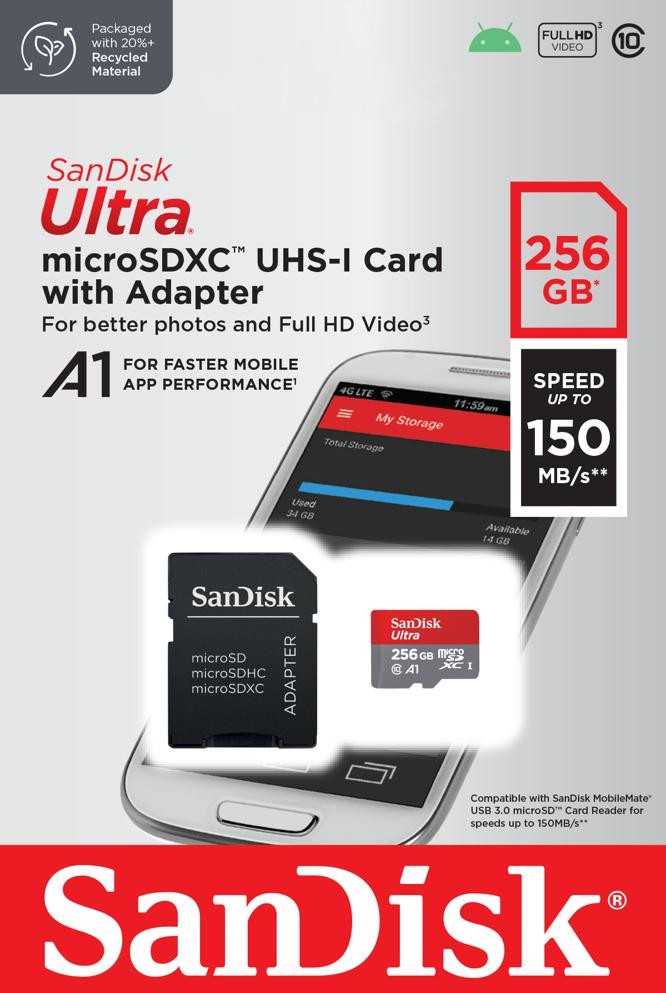 Sandisk Karta pamięci ultra microsdxc 256gb 150mb/s a1 + adapter sd