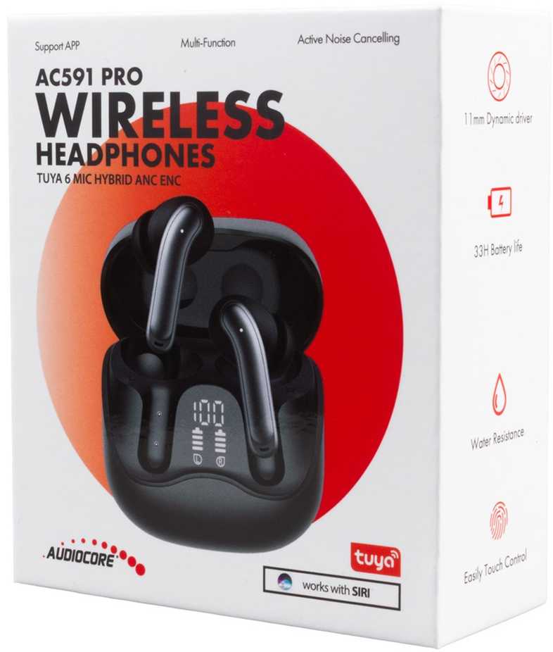 Audiocore belaidės ausinės, hybrid ANC, ENC, 6 microphones, įkrovimo dėklas, Tuya, AC591 PRO