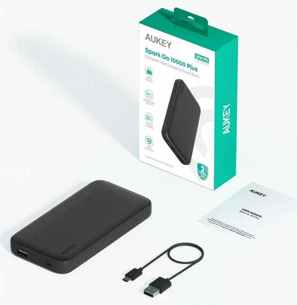 Aukey Pb-y46p nešiojama baterija, 10000 mAh, 20 W, 2 USB laidai, USB-C