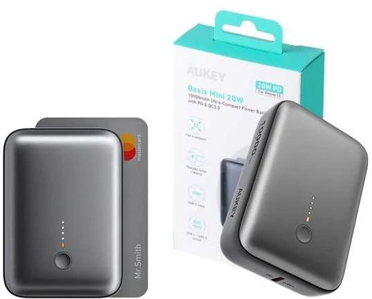Išorinė baterija Aukey „Spark Mini“ 10000mAh 20W USB-C/USB-A, pilka