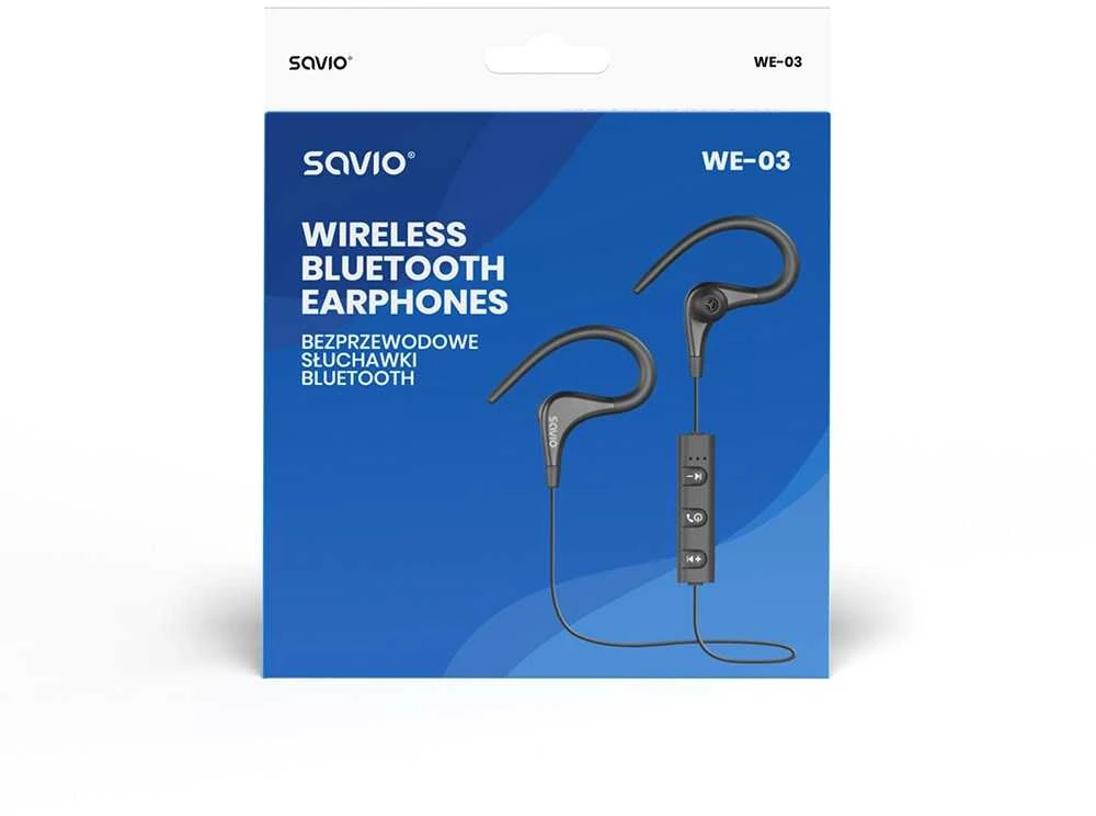 Ausinės belaidės, su mikrofonu, ze słuchawkami savio we-03 (į ausis įkišamos, sportui; belaidės, bluetooth; su mikrofonu; spalva juoda