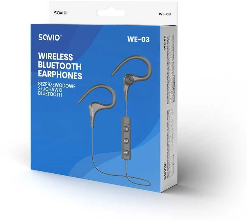 Ausinės belaidės, su mikrofonu, ze słuchawkami savio we-03 (į ausis įkišamos, sportui; belaidės, bluetooth; su mikrofonu; spalva juoda