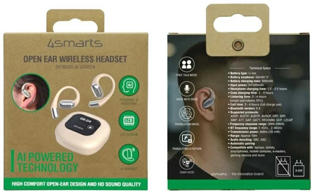 Bluetooth ausinės 4smarts SkyBuds OWS with AI screen beige