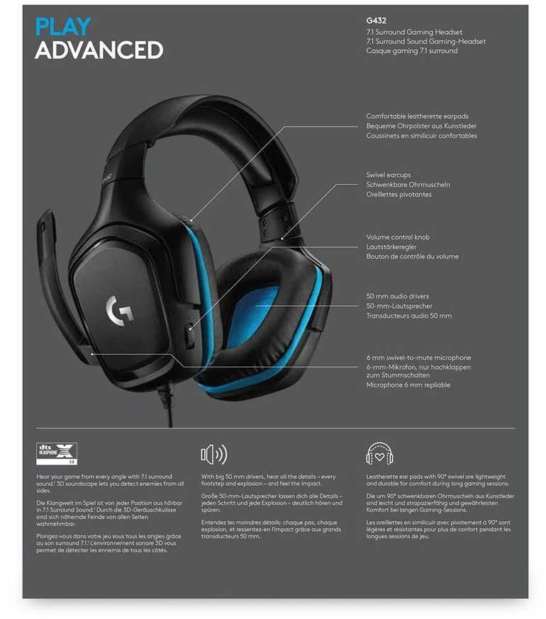 Logitech G432 7.1 Surround Sound ausinės su laidu žaidimams, Juodos