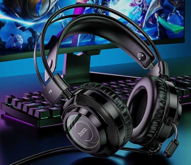 Wire ausinės USB A + Jack 3,5 mm Hoco žaidimams 2 m W110 juodas