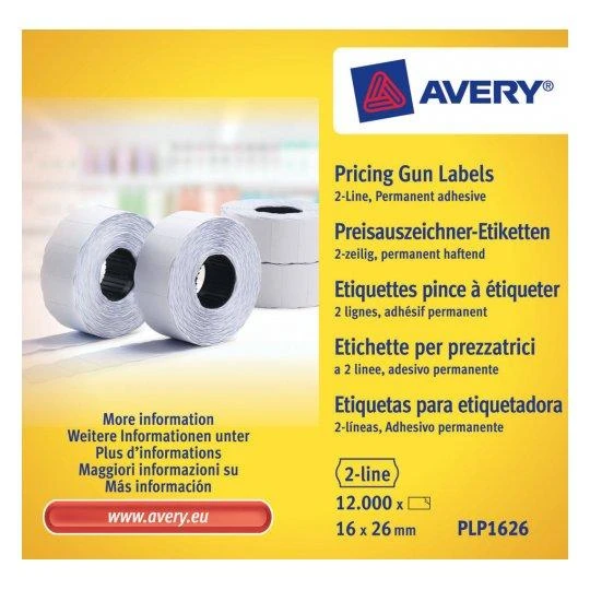 Avery Rulonėlyje kainų etiketės dvieiliui ženklintuvui; visam laikui; 1200 etikečių / ritinys; 10 ritinių/pak.; 16 x 26 mm, balta