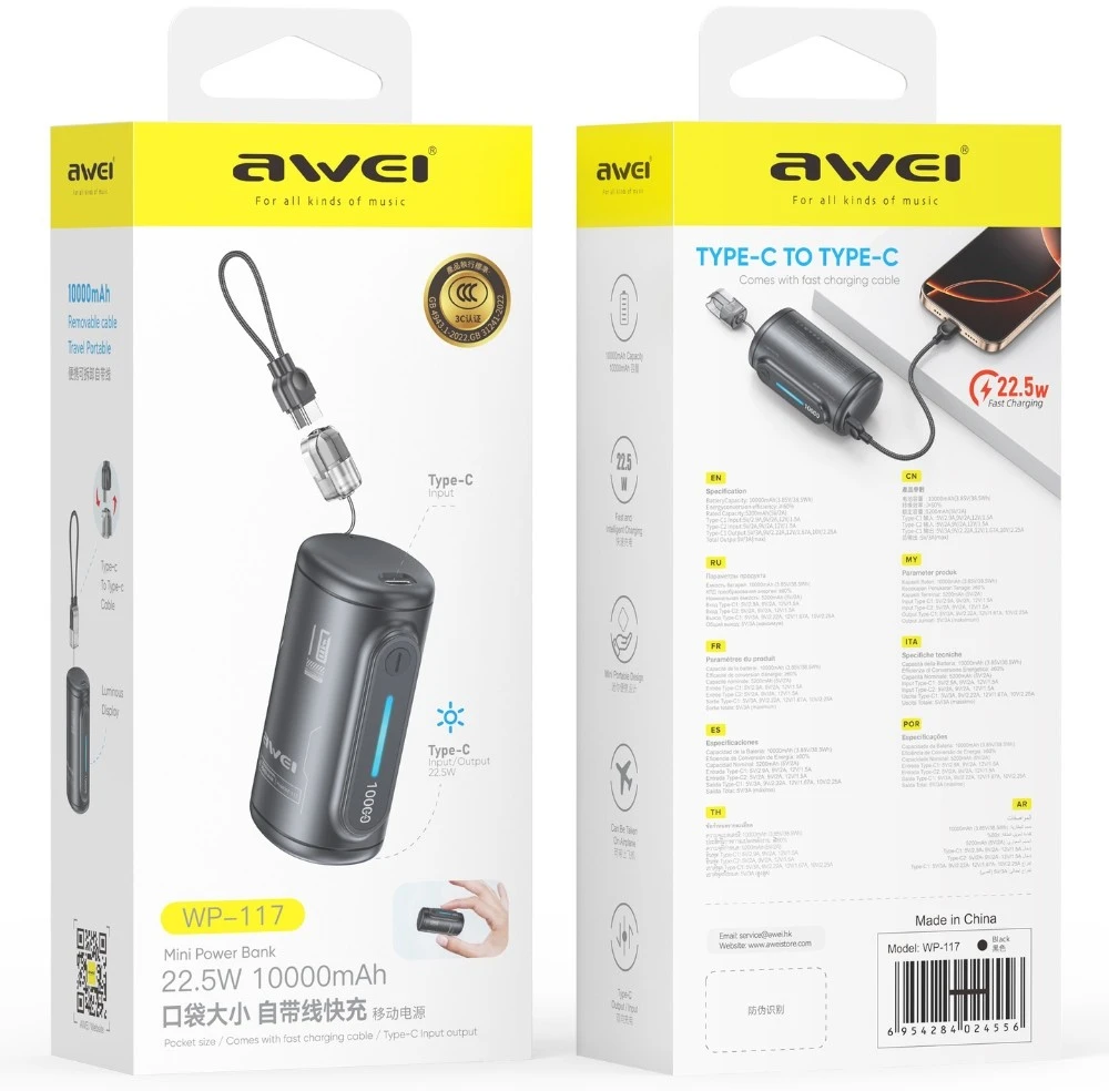 Powerbank Awei WP-117 10000mAh 22.5W 3C 2xUSB-C juodos spalvos