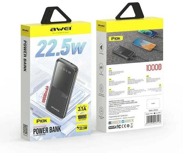 Awei 10000 mAh išorinė baterija p10k 22,5 W 2 USB + USB-C